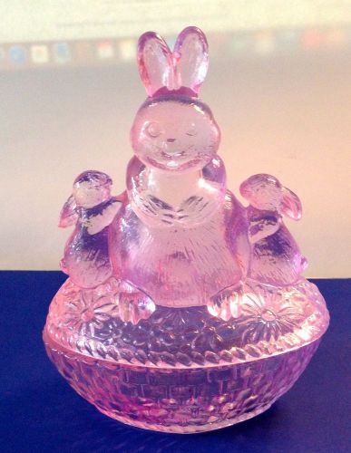 Pink  glass bunny rabbit sitting on basket candy dish