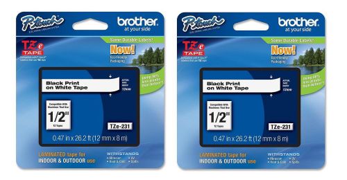 2 Packs - Brother TZe231 12mm 1/2&#034; black on white P-Touch TZ tape