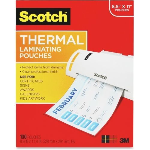 Scotch Thermal Laminating Pouches -9&#034;x11.5&#034;x3 mil - 100/Pk -Clear- MMMTP3854100