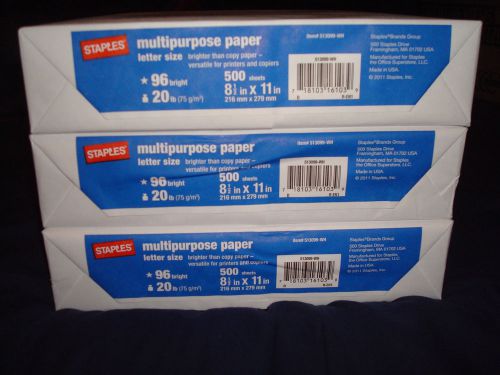 3 Reams Staples Multipurpose Copy Paper 8 1/2&#034; x 11&#034; 1500 sheet case 96 US 109