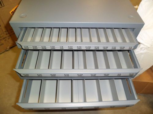 Huot three-drawer drill bit dispenser cabinet for jobber length fractional sizes for sale