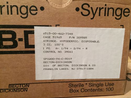 BD 3cc Disposable Hypodermic Syringe Box of 100