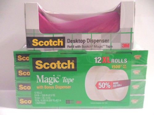 Scotch 3M Pink Dispenser 12 Jumbo 3/4&#034; X 1500&#034; Magic Invisible Tape Rolls NEW