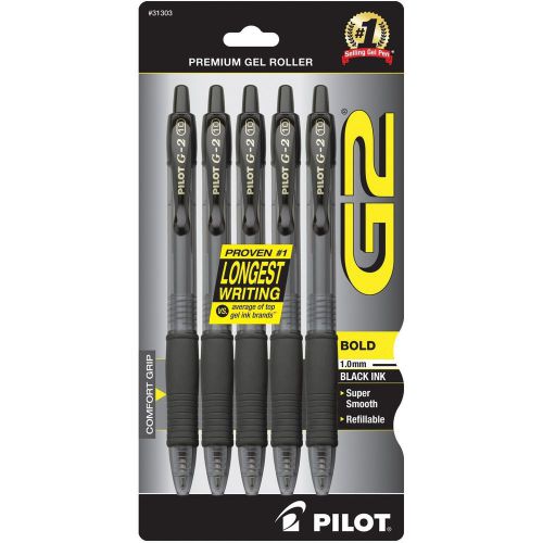 PILOT-USA G2 Gel Ink Roller Ball Pens, Bold Point, 5-Pack, Black Ink (31303)