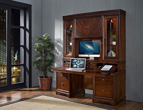Hamilton mahogany double pedestal executive office computer credenza with hutch for sale