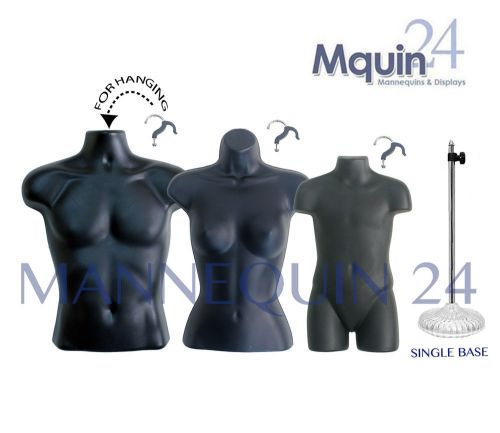 Set of 3 black mannequins: male, female &amp; child torso forms +1 stand + 3 hangers for sale
