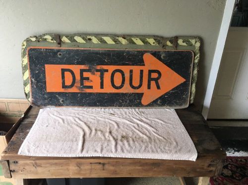 Real Double Sides Detour Sign With Original Plywood And Reflectors, Rare