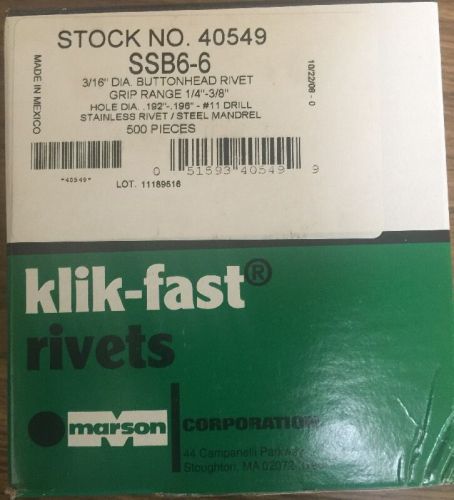 500 PC BOX Klik-Fast 3/16 Stainless Steel Buttonhead Rivets Marson 40449 SSB6-6