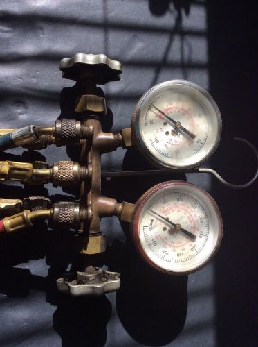Vintage unmarked ac manifold pressure gauges with 2sets of hoses coupling brass for sale