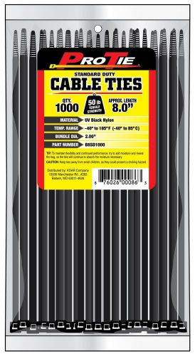 Pro tie b8sd1000 8-inch standard duty cable tie uv black nylon 1000-pack for sale