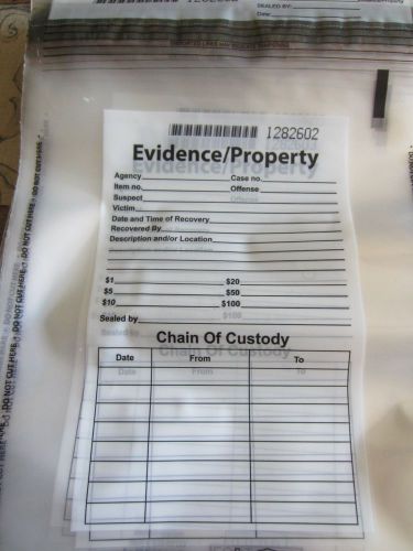 5 POLICE EVIDENCE BAGS, SELF SEALING, SERALIZED, NEW