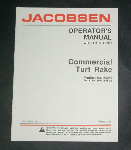 JACOBSEN COMMERCIAL TURF RAKE - OPERATOR&#039;S MANUAL W/ PARTS LIST 1601- NEW!