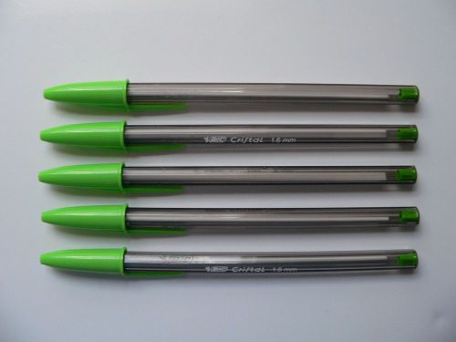 5 BIC CRISTAL BOLD LIME GREEN BALL POINT PENS 1.6MM STICK CRYSTAL LIGHT GREEN