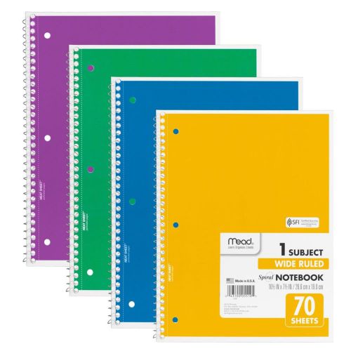 Mead Spiral Notebook 1-Subject 70-Count Wide Ruled COLOR WILL VARY 4 Pack (72...