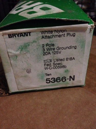 Bryant 5366N (5366 N) Grounding Plug 2p 3w 20A White- Lot of 10 New