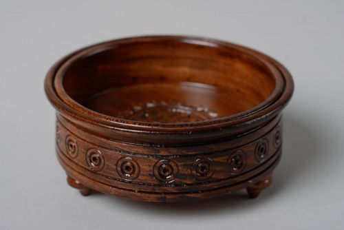 Handmade Round Wooden Candy Bowl Decorated With Carving And Varnished