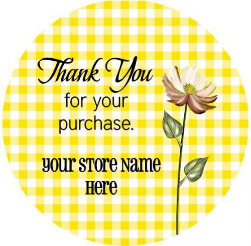 CUSTOMIZED BUSINESS YELLOW PLAID &amp; FLOWER #1 - THANK YOU STICKER LABELS