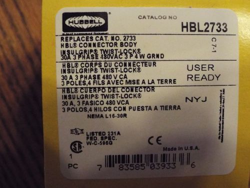 New hubbell hbl2733 connector body 30amp 3pole 480v 3phase 4w l16-30r for sale