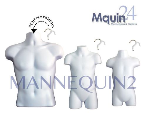 A SET OF 3 WHITE MANNEQUINS: MALE, CHILD &amp; TODDLER BODY TORSO FORMS w/HANGERS
