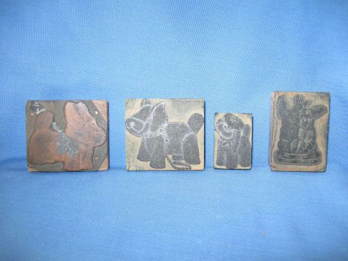 Vintage 4 Printers Metal and Wood Blocks with Dog Images.