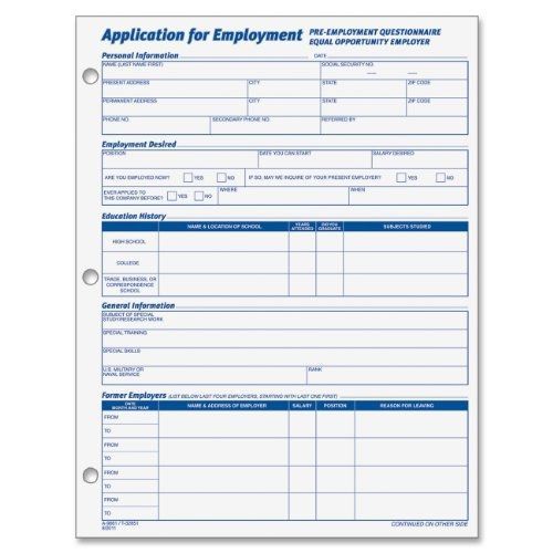 Adams Applications for Employment, 8.5 x 11 Inch, 3-Hole Punched,