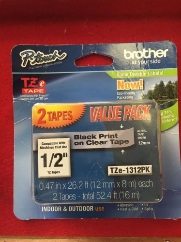 NEW Genuine Brother P-Touch TZe-1312PK 1/2&#034; Black Print on Clear Tape - 2 pack