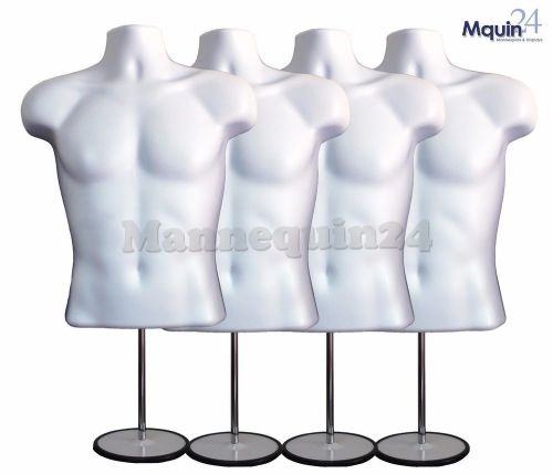 4 WHITE MALE TORSO MANNEQUIN FORMS w/4 Stands +4 Hanging Hooks, Man&#039;s Clothings