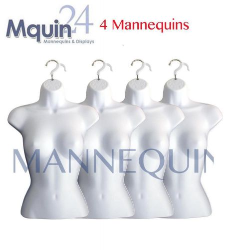 4 WOMAN TORSO MANNEQUINS + 4 HANGING HOOKS : WHITE FEMALE BODY FORM DISPLAY