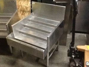 LIQUOR STEP UP DISPLAY, BACK BAR, 4 STEP, USED, ALL STAINLESS WITH SPEED RAIL.