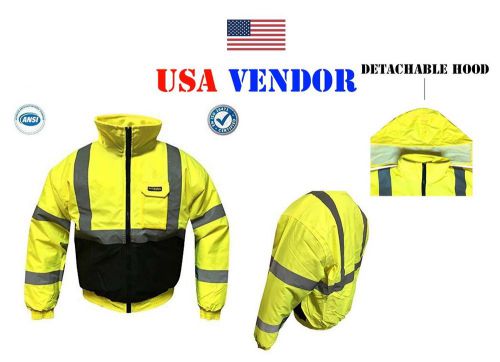 ANSI HIGH VIS REFLECTIVE SAFETY JACKET HOODIE BOMBER LONG SLEEVE C3 - ALL SIZES