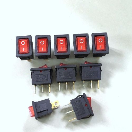 10 x 6A 250V KCDM Red Illuminated 3 Pin 15*21mm ON/OFF Rocker Switch #gtc
