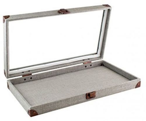 Caddy Bay Collection Grey Canvas Jewelry Ring Display Case With Glass Top 2 1x