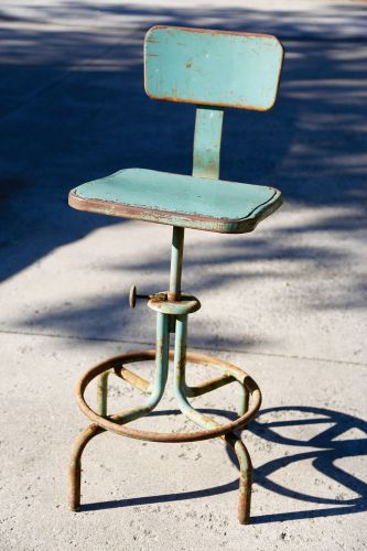 Vintage industrial blue metal spider legs swivel stool chair machinist shop loft for sale