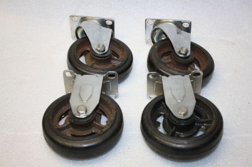4 heavy duty 4 3/4&#034; diam mold rubber on cast iron wheels 2 swivel &amp; 2 stationary for sale