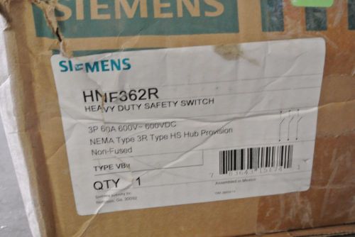 Siemens HNF362R 3 Pole 60 Amp 600 Volt Non-Fused  Nema 3R Outdoor Disconnect NIB