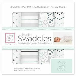 SwaddleDesigns Cotton Muslin Swaddle Blankets Set of 4 Sterling Starshine Shi...