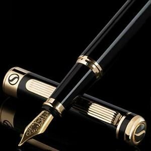 Scriveiner Black Lacquer Fountain Pen - Stunning Luxury Pen with 24K Gold Fin...
