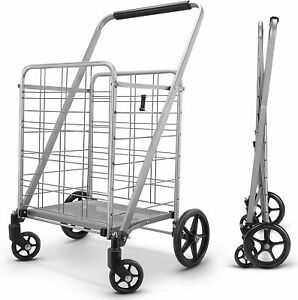 (Sale) Grocery Utility Flat Folding Shopping Cart with 360° Rolling Swivel Wheel