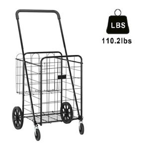 Foldable Grocery Shopping Cart Heavy Duty Adjustable Handle Black 110 lb Support