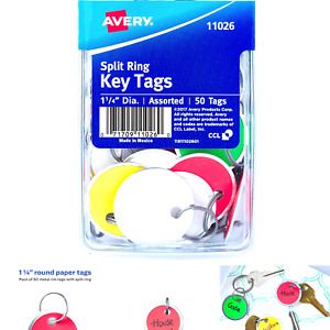 Avery Metal Rim Key Tags, 1.25&#034; Diameter Tag, Metal Split Ring, Assorted Colo...
