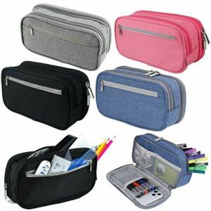 Large Double Zip Fabric Pencil Case Back To School College Make Up Bag Hot UK.