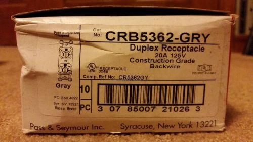 Pass &amp; Seymour Duplex Receptacle CRB5362-GRY - 20A 125V - LOT of 10