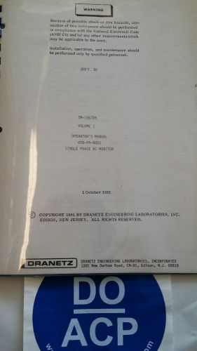 Dranetz tm-106705 vol. 1 operators manual 626-pa-6001 phase ac monitor r3-s31 for sale