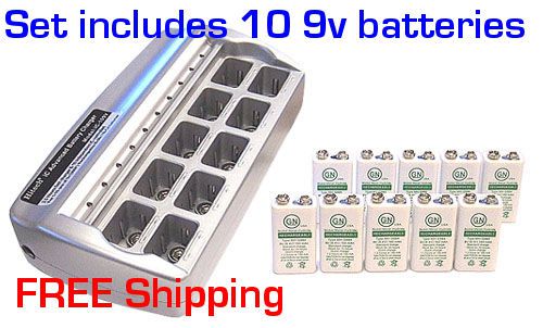 10 of 9v*GN USA Qulity Rechargeable Batteries+9v10 Bank Smart charger*Free Ship