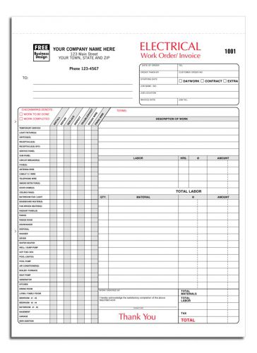 Electrical work orders with check list imprinted   8 1/2 x 11     500 ea for sale