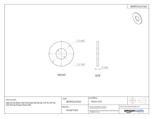 Nylon 6/6 flat washer, plain finish, black, #10 hole size, 0.19&#034; id, 0.44&#034; od, for sale