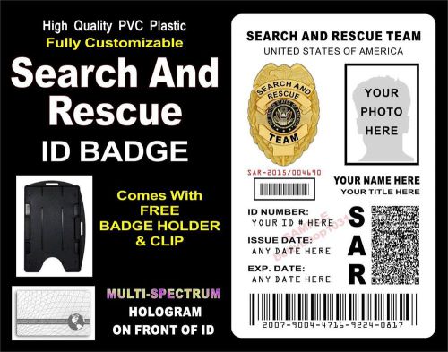 Search &amp; Rescue ID Badge Card (SAR) Custom w your PHOTO &amp; INFO - PVC w Hologram