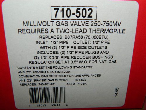 Robertshaw 710-502 Millivolt Gas Valve 250-750   FREE USA SHIPPING