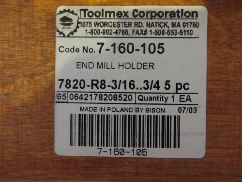 End Mill Holders With R8 Taper - Sets 5 pc. Set / 3/16 - 3/4&#034; Range - New in Box