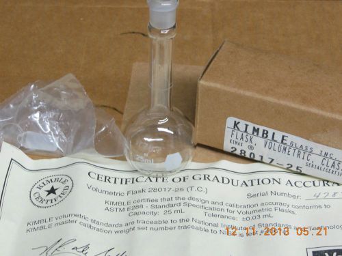 Flask volumetric 25ml kimble/kimax  borosilicate class &#034;a&#034; - w / certificate for sale
